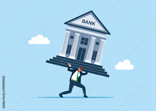 Businessman carrying huge with bank house. Vector illustration