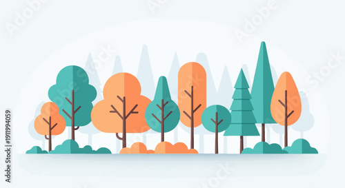 Stylized forest with diverse evergreen and deciduous trees in muted orange and teal