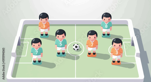 Stylized foosball game with cartoon players and soccer ball on field