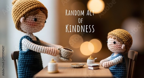Crocheted Figures Sharing Coffee in a Moment of Random Act of Kindness