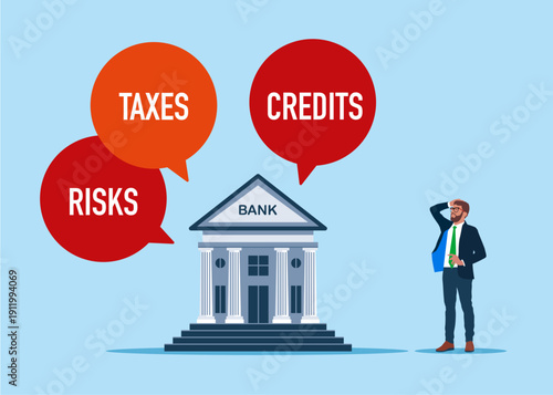 Bankruptcy with lot of problems. Collapsing bank with money. Modern vector illustration in flat style