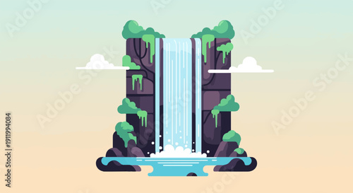 Stylized waterfall cascading down rocky cliffs amidst lush greenery and clouds