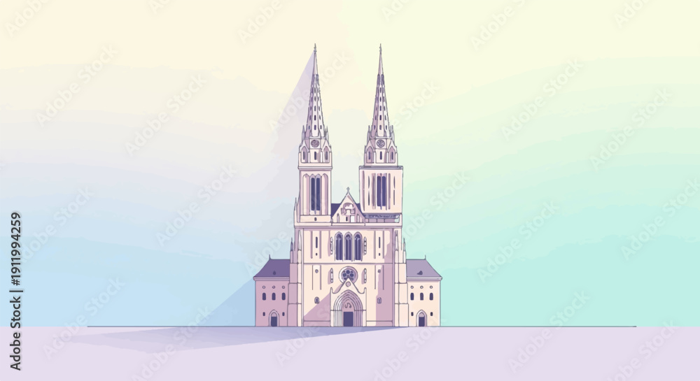 Obraz premium Stylized gothic cathedral with twin spires against a pastel sky