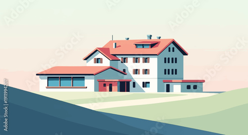Stylized, flat illustration of a multi-story building with a red roof