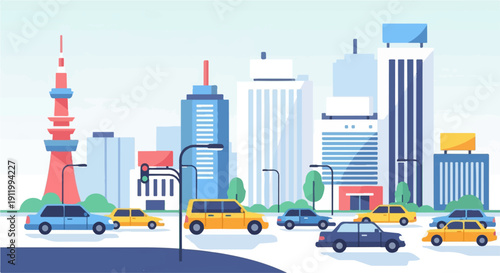 Stylized flat illustration of a busy city street with cars and tall buildings