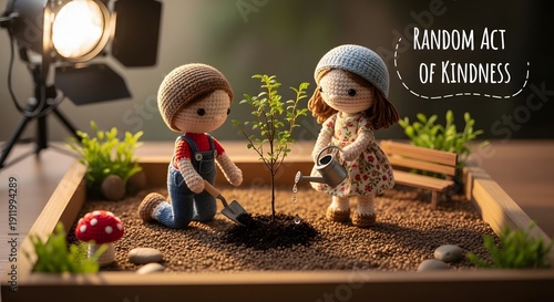 Dolls Planting Seedling in a Garden as an Act of Kindness and Nurturing