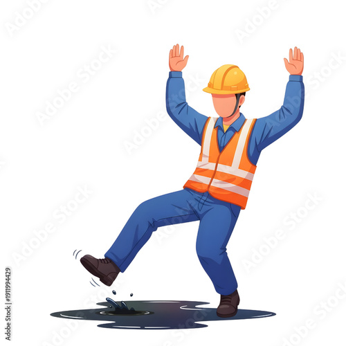 Workplace Safety Worker Slipping Oily Surface Factory Accident Flat Vector.