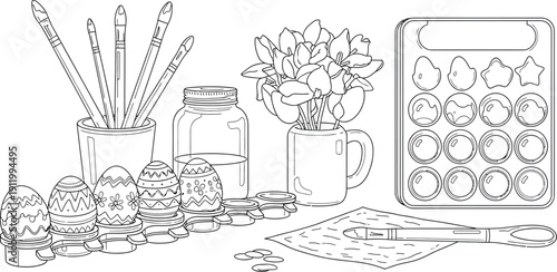 Detailed line art collection of tools and supplies ready for painting traditional decorated easter eggs for spring holiday artistic crafting activities