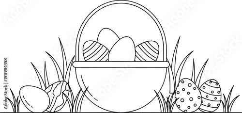 Simple black and white line art drawing featuring a traditional Easter basket overflowing with decorated eggs nestled among blades of grass perfect for coloring pages.