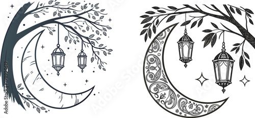 Elegant Crescent Moon with Hanging Lanterns  Islamic Decorative Illustration