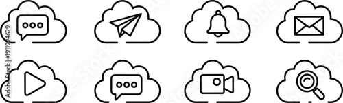 Collection of black and white cloud communication icons including chat, send, notification, email, video, search, and digital media functions