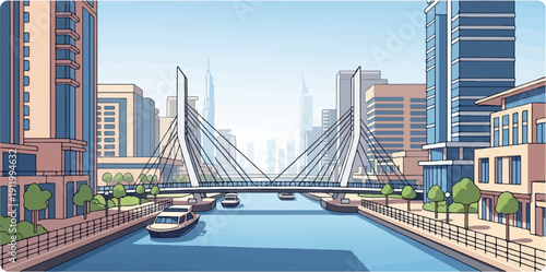 Stylized view of a modern city skyline with a cable-stayed bridge over a canal