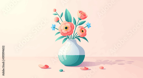Stylized pixel art flowers in a vase on a soft pastel surface, petals scattered