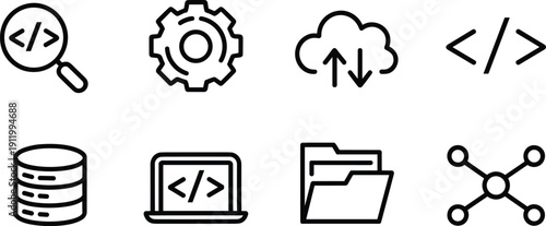 Collection of black and white computing and software development icons including coding, debugging, database, cloud synchronization, laptop, folder, and networking