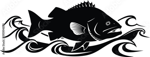 A black and white illustration of a fish swimming in the ocean