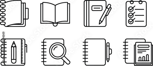 Collection of black and white notebook and documentation icons including spiral notebooks, clipboard checklist, open book, pencil, pen, and magnifying glass