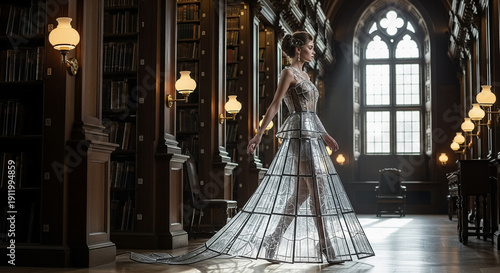 Avant-Garde Elegance: Woman in Architectural Glass Dress in a Grand, Historic Library