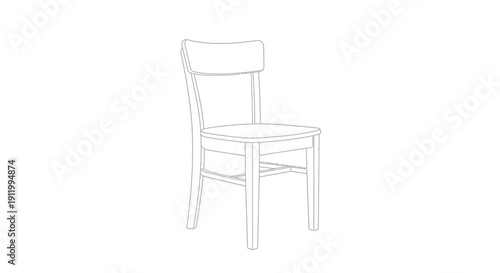 Simple wooden dining chair line art drawing isolated on white background representing classic furniture design for interior visualization projects