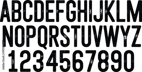 Distressed Athletic Style Vector Font Set Featuring Textured Black Condensed Alphabet and Numbers for Vintage Sports Branding and Apparel Design
