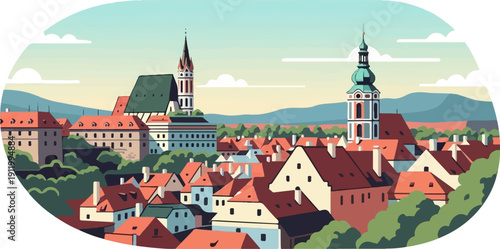 Stylized European townscape with two prominent church spires and red-roofed buildings