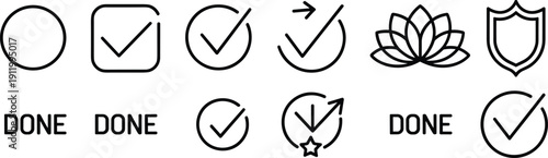 Set of black line icons for task completion quality assurance and success with check marks shield lotus and done text