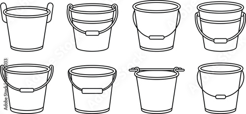 Set of empty bucket line art icons for household cleaning gardening construction tools and water storage equipment vector design elements