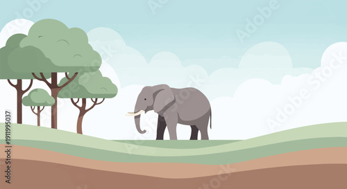 Stylized elephant stands on rolling hills under a cloudy sky
