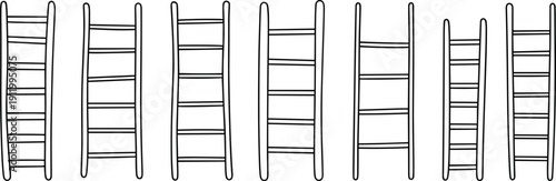 Set of hand drawn ladder line art icons for construction home maintenance industrial safety architectural climbing tools and warehouse equipment
