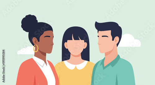 Three diverse, faceless individuals stand together against a soft sky