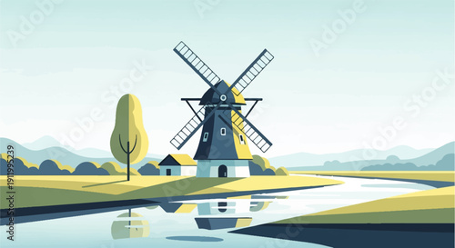 Stylized Dutch windmill scene with river and rolling hills