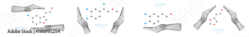 Set of hands with serotonin, dopamine, adrenaline and histamine molecules, neurotransmitter chemistry and healthcare illustration collection. Part of series