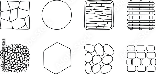 Set of paving material line art icons featuring stone patterns bricks wood and gravel for landscaping architectural design and construction