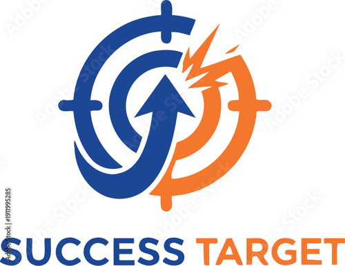 Abstract and modern logo design featuring a dynamic blue upward arrow breaking through an orange target symbolizing focused achievement and ultimate business success goals
