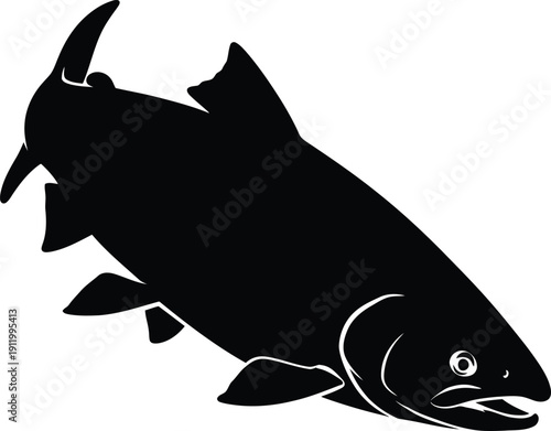 A black silhouette of a fish swimming in water