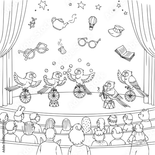 Owl circus performers on stage with audience performance theater show birds animals