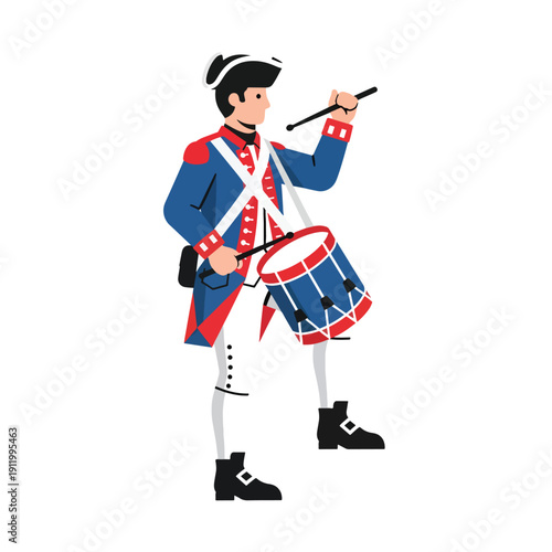 Historical Soldier Drummer Playing Music - Flat Vector Illustration of Military Musician