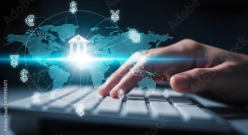 Global banking system visualization with international currencies and digital financial connections. Photo 