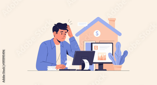 Stressed person at desk with bills, computer, and house illustration