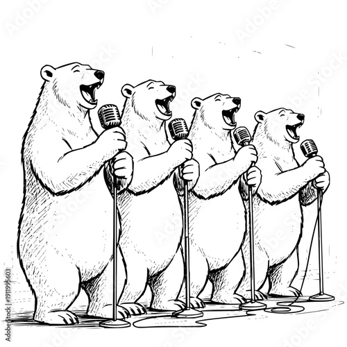 Polar bears singing with microphones illustration black and white cartoon animals
