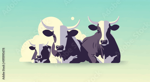 Stylized herd of cows with distinctive black and white markings resting