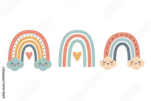 Cute boho rainbow illustration set with hearts and smiling clouds, hand drawn pastel rainbow clipart for nursery and kids