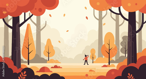 Stylized autumn forest with a person walking