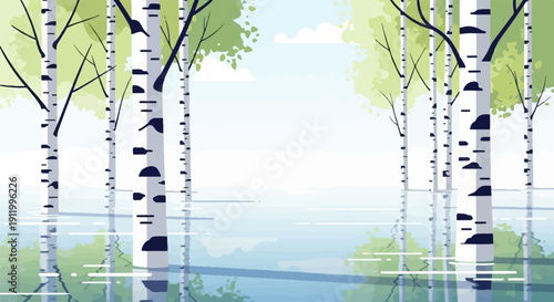 Stylized birch trees reflected in calm water under a bright sky