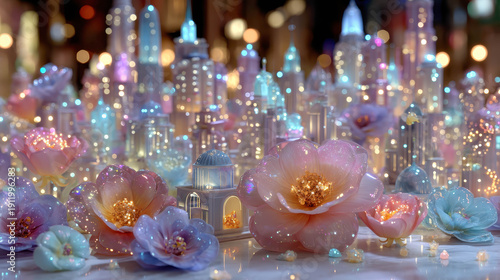A cityscape with a lot of flowers and lights. The flowers are in different colors and sizes, and they are scattered all over the city. The lights are shining brightly, creating a magical