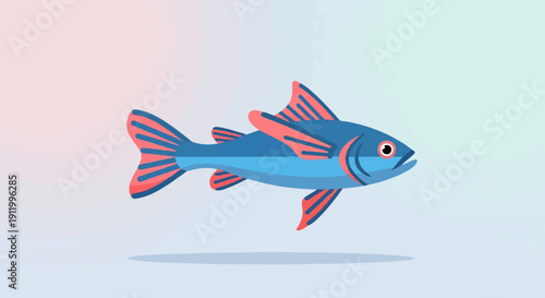Stylized blue and pink fish with striped fins swims gently in pastel background