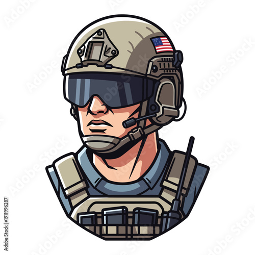 Dynamic vector illustration of a tactical operator in advanced protective combat gear
