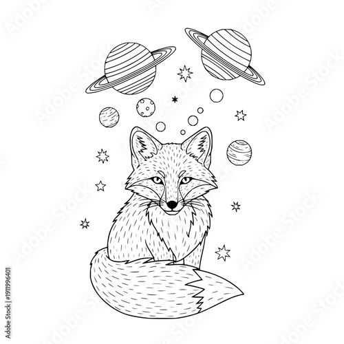 Fox surrounded by planets and stars illustration line art vector space celestial