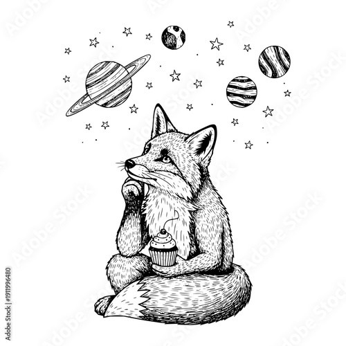 Fox sitting under planets and stars illustration thoughtful space celestial drawing
