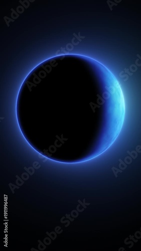 Abstract blue planet rim light loop with alpha channel. dark sphere silhouette with glowing atmosphere. vertical composition. sci-fi space background element with copy space for text or banner frame