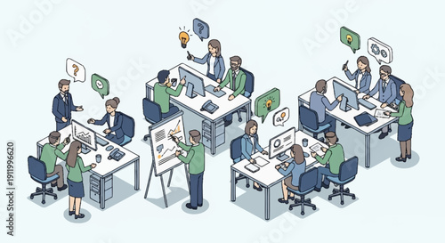 Office workers collaborating and discussing ideas at their desks.